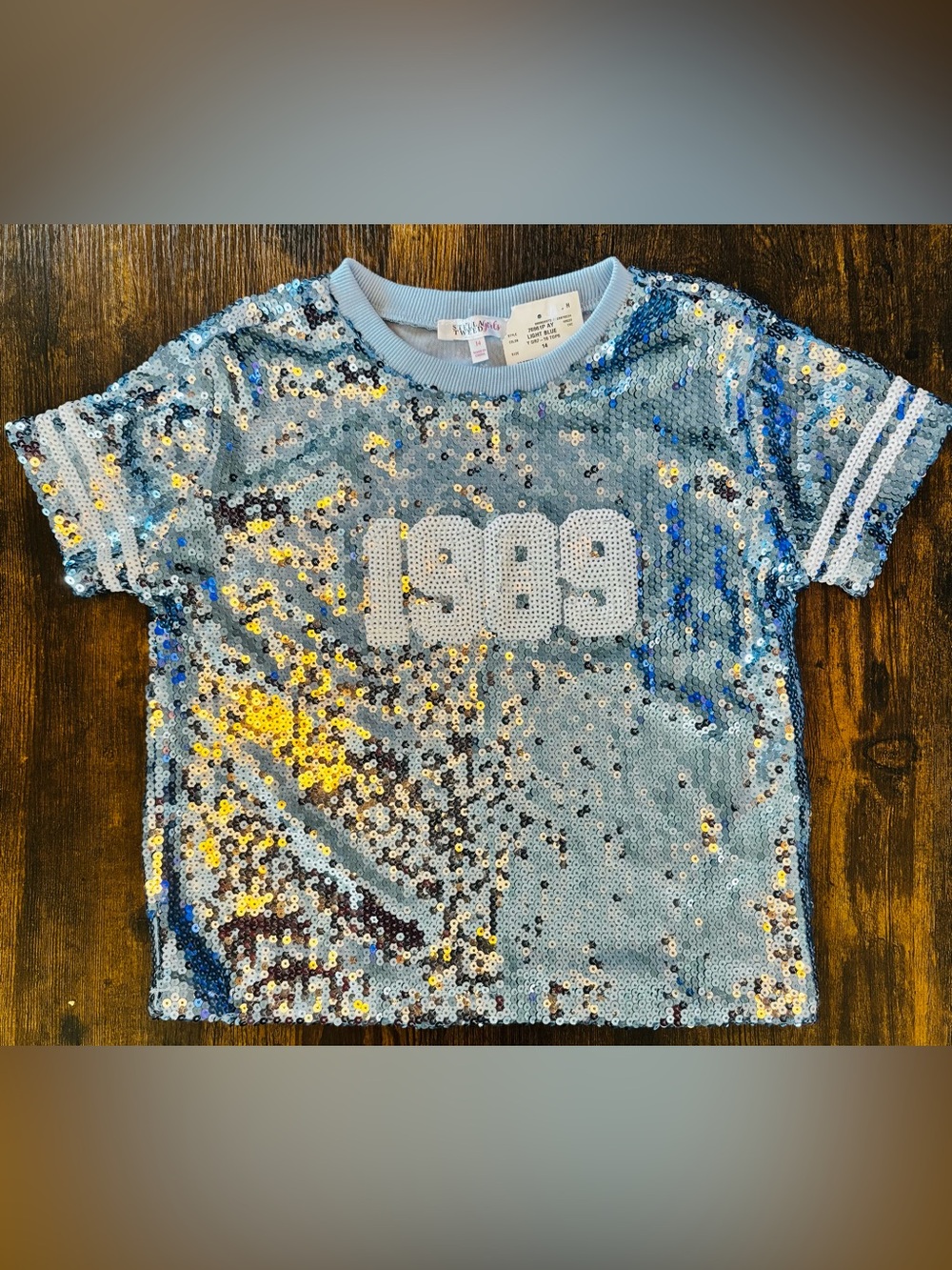 NWT Taylor Swift “1989” style Stella Tweed Light Blue Sequin Girls Tee size 14